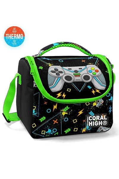 Coral High Kids Black Highlighter Green Gamer Patterned Thermo Lunchbox 11887