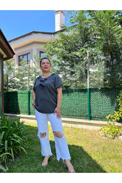 garajmood Ruffle Collar Anthracite Plus Size Blouse