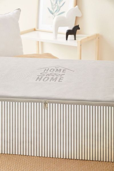 renklibebek Storage Bag 3 Pieces Mega Size Gray Striped Bed Base Modern Organizer Dowry Interlining Storage Bag ~ Size: 3 X (74x46x22)