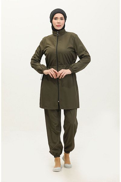 sefamerve Wasserdichter zweiteiliger Hijab-Badeanzug mit Tasche und elastischem Bund 5035-04 Khakigrün