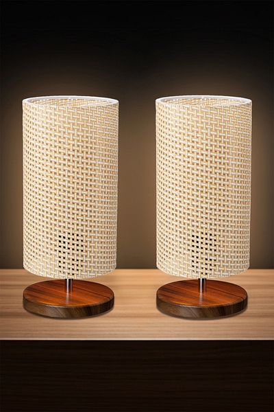 EFLIGHTDESIGN Modern Stylish Cream Wicker 2-Piece Wooden Lampshade Bed and Living Room Table Lamp