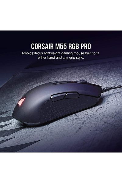 Corsair ماوس ألعاب سلكي M55 RGB Pro، مستشعر 12400 نقطة لكل بوصة، تصميم يمكن استخدامه بكلتا اليدين، 8 أزرار قابلة للبرمجة، أسود