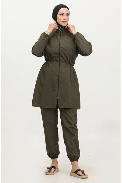 sefamerve Khakifarbener Hijab-Badeanzug mit Tasche, Modell 2038-02