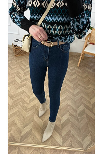 ButikDina Леон Синій Високий Талія Вузькі Штани з Лайкрою