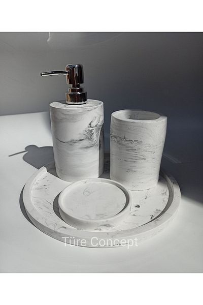Ture Concept Marble Patterned Bathroom Set & Tray, Liquid Soap Dispenser, Solid Soap Dispenser, Toothbrush Holder