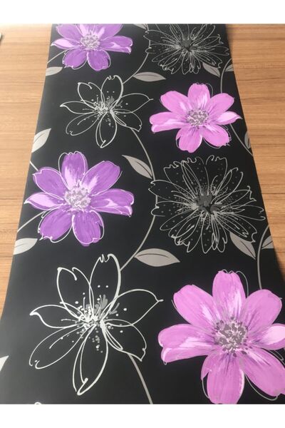 BAŞYAPI DİZAYN Siyah Zemin Üzeri Mor Çiçek Desenli Duvar Kağıdı 7017 (5m²)