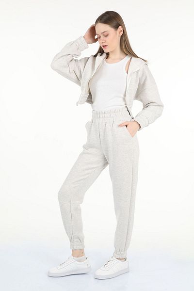 le mardi Hooded Zippered 3 Thread Women's Crop Tracksuit Set - Ecru Melange