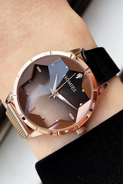Homies Women's Wristwatch 3 Atm Waterproof Black-rose Color Steel Cord + Bracelet Gift Wlg42