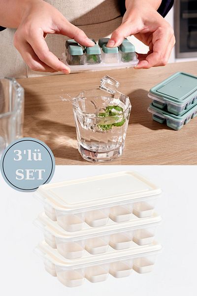 PONÇİK STORE 3 Pieces Silicone Based Lid Press-Out Ice Mold - 8 Compartment Non-Stick Icebox