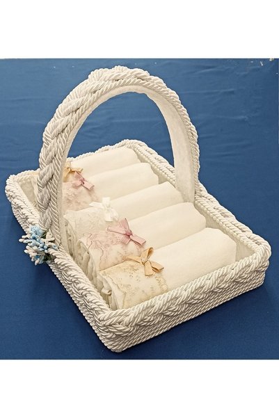 FNT Knitted Handle Towel Basket 30*50 cm 5 Pieces Cotton Scalloped Bow Towel