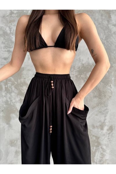 EsSo butik Women's Black Color Pocketed Belted Salwar Trousers