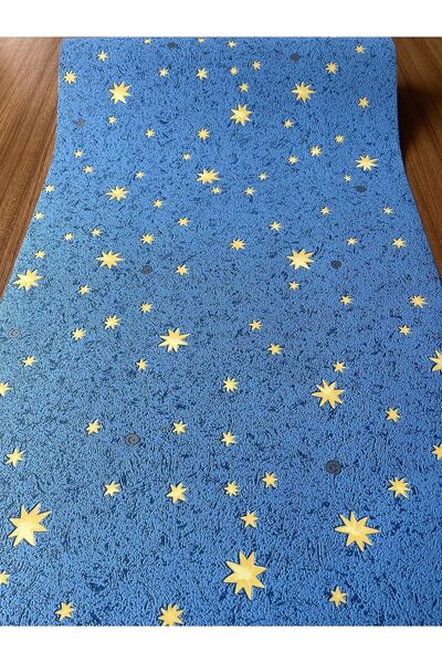 BAŞYAPI DİZAYN Mavi Zemin Üzeri Sarı Yıldız Desenli Ithal Duvar Kağıdı (5m²)