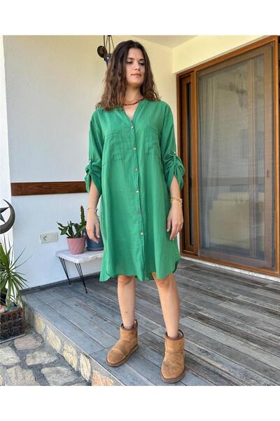 ByEnBi Green Cotton Shirt Dress - Long Sleeve Collar and Pocket