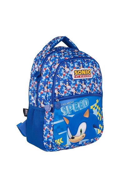 WİGGLE Rucsac de școală pentru copii Sonic The Hedgehog Blue - Dimensiune mare, cu 3 buzunare cu compartimente