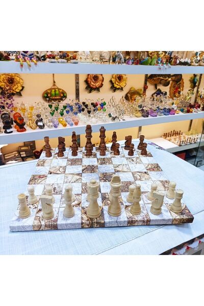 Gold home design Ahşap Taşlı Satranç Takımı Deri Antik Harita Desenli