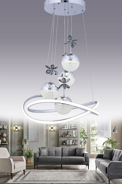 HİRALUCE Athena 3 - Silver, Yellow White and Daylight Luxury LED Crystal Stone Chandelier with Color Control and Dimmer