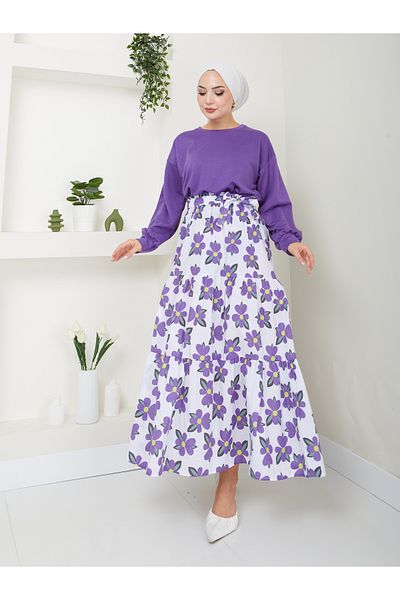 VOLT CLOTHİNG Women's Floral Patterned Skirted Hijab Suit - COPY