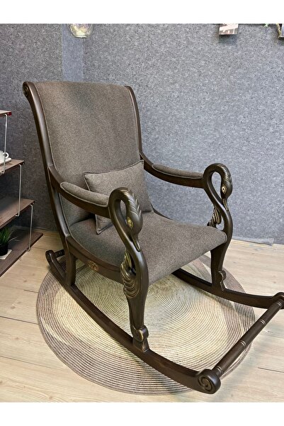 Asedia Vintage Kuğu Ceviz Kahve El Oyması Ahşap Sallanan Sandalye Dinlenme Ko...