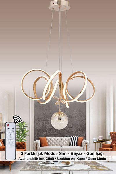 HİRALUCE Lery 3 Color Controlled - Gold Chandelier, Yellow White and Daylight Luxury LED Crystal Stone