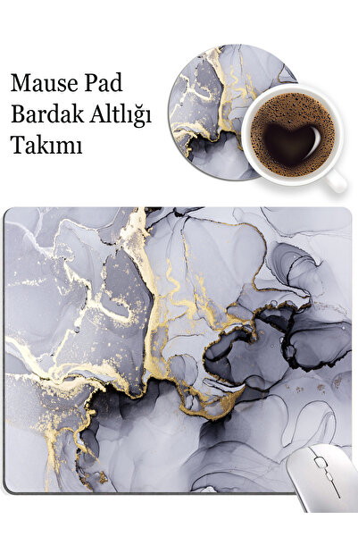 AsMat Paw 24cmx20cm Mermer desenli Su geçirmez Kaymaz Taban Mause Pad (fare) ve Bardak Altlığı Takım