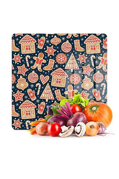 Decovetro Cam Kesme Tahtası Kare Yılbaşı Kurabiye Desenli 30x30 Cm