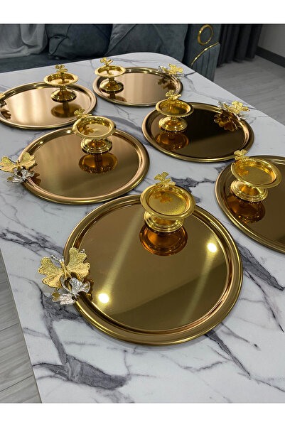 Mira züccaciye 2 FARKLI MODEL GOLD KELEBEKLİ ÇELİK YUVARLAK SUNUM TEPSİSİ VE KELEBEKLİ MAKARONLUK