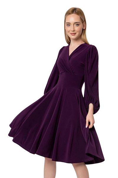 Laranor Plum Balloon Sleeve Double Breasted Collar Flared Dress