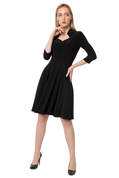 Laranor Black Double-breasted Three-quarter Sleeve Flared Dress with High Collar - Day and Night Elegant