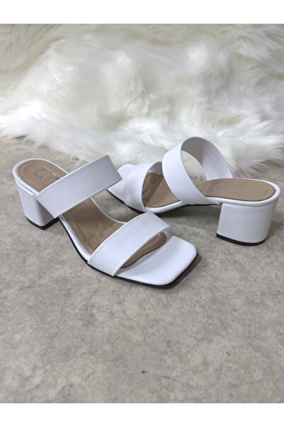 İmerShoes Daily Women's White Slippers Double Banded Thick Heel Blunt Toe Simple Comfortable Soft Sole 271