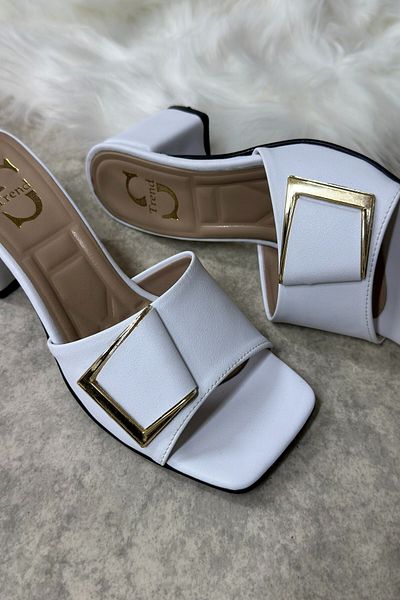 İmerShoes Καθημερινές λευκές γυναικείες παντόφλες με αγκράφα Χοντρό τακούνι με λουράκι άκαμπτο δάχτυλο Άνετη μαλακή σόλα 219
