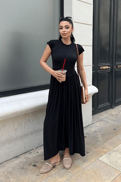 giyimmasalı Black Maxi Dress - Steel Interlock Fabric, Drawstring Detail