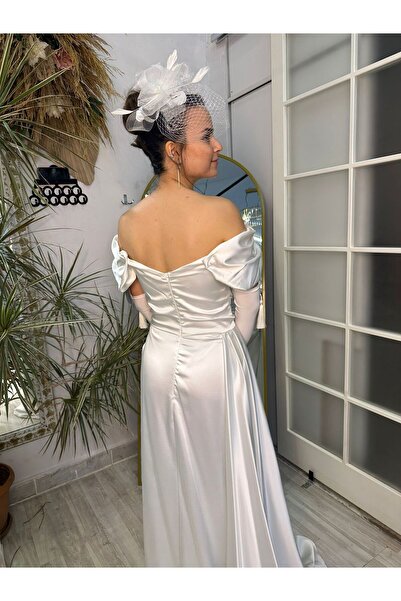 Abiye's BEYAZ Saten abiye mezuniyet nikah nişan söz isteme KAYIK YAKA BALON KOL