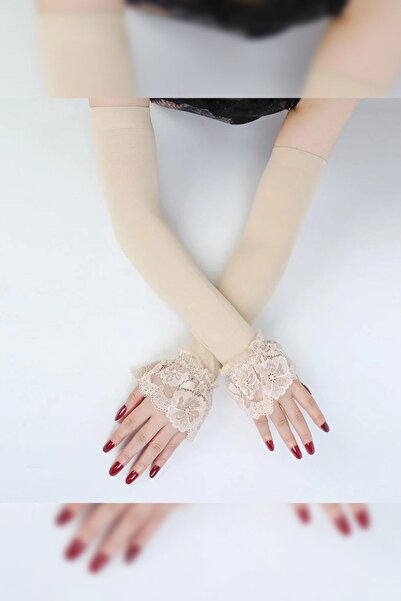 MyBen Kadın Ekru Penye Kolluk Dantel Detaylı Şık Namaz Kollukları Kllk03