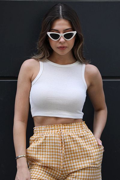 GÜLSELİ Crew Neck Cream Camisole Crop Top - Bustier Blouse