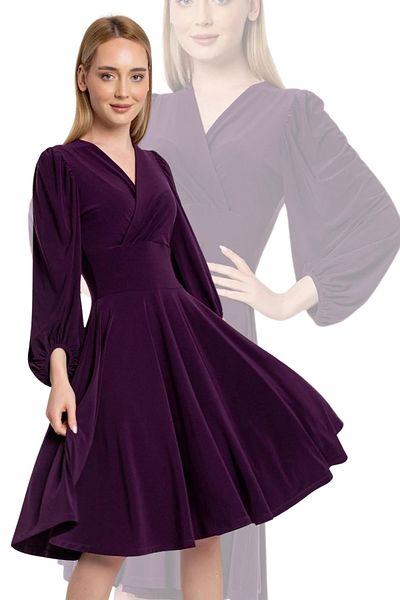 Laranor Plum Balloon Sleeve Double Breasted Collar Flared Dress