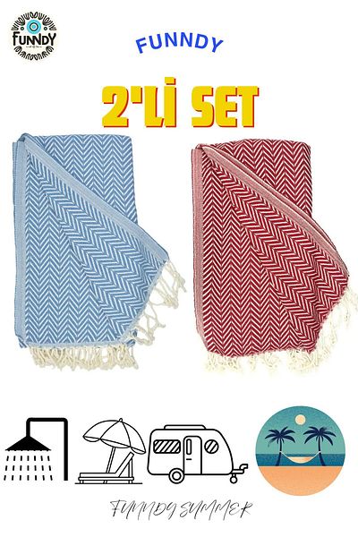 FUNNDY Set of 2 Peshtemal Beach Towels - 100% Cotton, XXL 100x180cm, Summer, Red-Blue