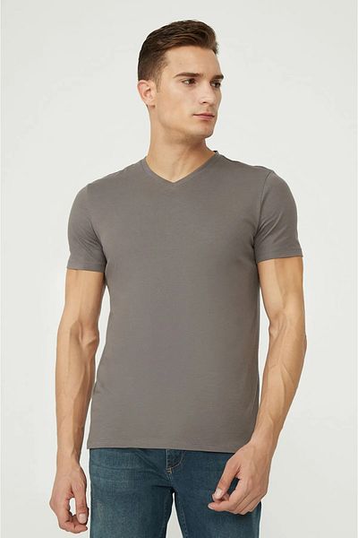 Şahin 3 Men's V-Neck Modal Short Sleeve T-Shirts - 47% Cotton, 6% Lycra