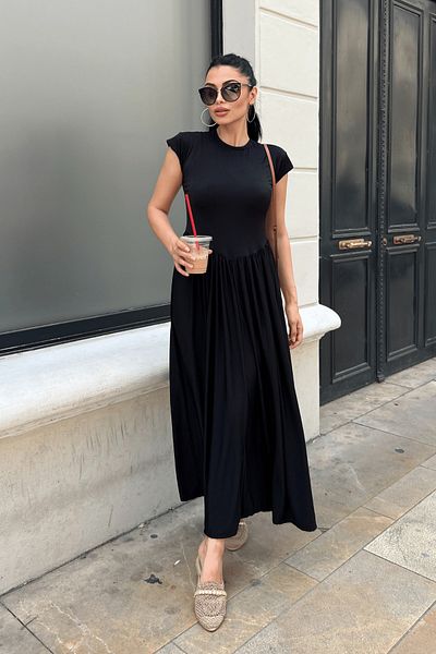 giyimmasalı Black Maxi Dress - Steel Interlock Fabric, Drawstring Detail