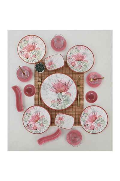 Keramika 19 Piece Pink Floral Patterned Ceramic Breakfast Set