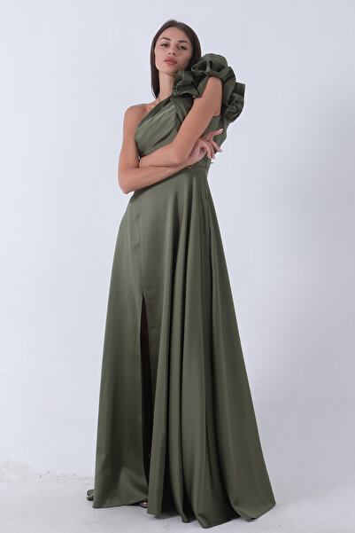 Feminist Βραδινό φόρεμα με σατέν φιόγκο ώμου Χακί 1302192