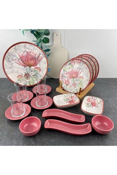 Keramika 19 Piece Pink Floral Patterned Ceramic Breakfast Set