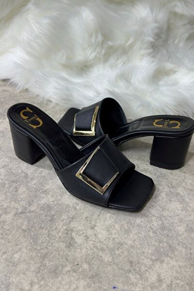 İmerShoes Daily Black Women's Slippers with Buckle, Thick Heel, Banded, Blunt Toe, Comfortable Soft Sole 219