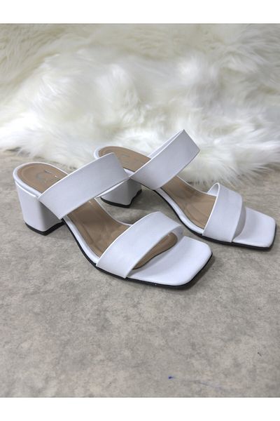 İmerShoes Καθημερινές γυναικείες λευκές παντόφλες με διπλό λουράκι με χοντρό τακούνι, απλή άνετη μαλακή σόλα 271