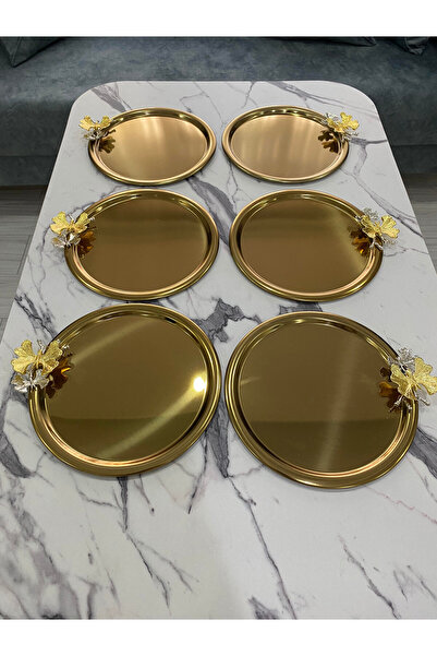 Mira züccaciye 6'lı Kelebekli Yuvarlak Gold Sunum Tepsisi Dekoratif Servis Tepsisi Çay, Kahve 22 Cm