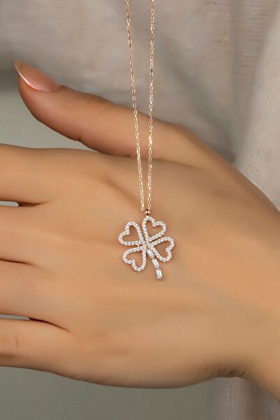 Else Silver Kadın Baget Taşlı Gümüş Dört Yapraklı Yonca Kolye