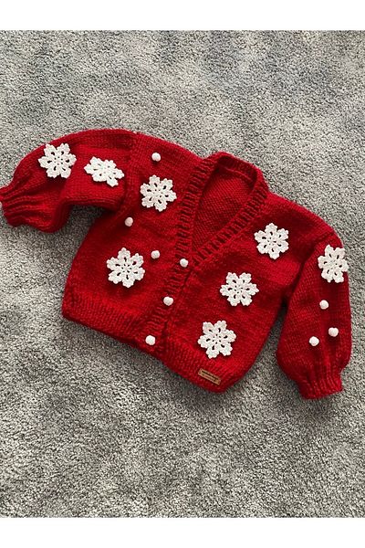 NEVALİN Snowflake Detailed Hand Knitted Girl's Cardigan
