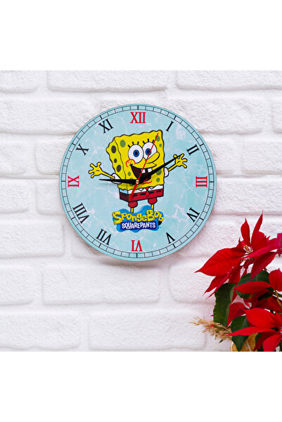 Deep Craft ساعة حائط خشبية مزخرفة لغرفة المعيشة، ساعة غرفة الأطفال - سبونج بوب