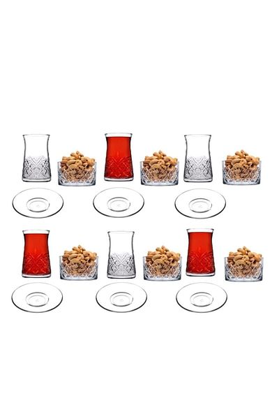 Paşabahçe Timeless Saddle Model 18 Piece Tea Cup Set and Snack Bowl Dessert Presentation Set