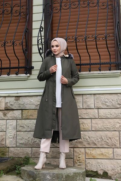 MİSSKAYLE Μακρύ Χακί Παλτό Hijab με κρυφό πατί