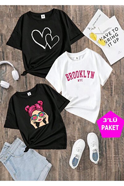 twins tailors Πακέτο 3 μπλουζάκια με ασπρόμαυρη καρδιά για κορίτσια